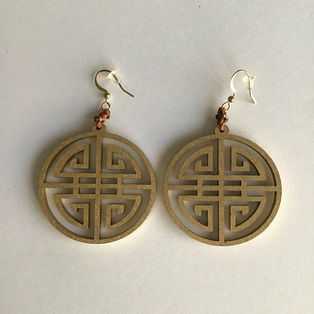 NEW Medallion Earrings Asian-Style Matte Gold Open Work Tagua Nut Lightweight - Picture 5 of 15